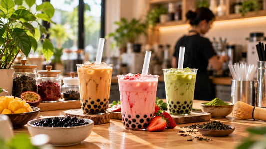 Trois bubble teas sur un comptoir, dans un café chaleureux avec une personne préparant des boissons
