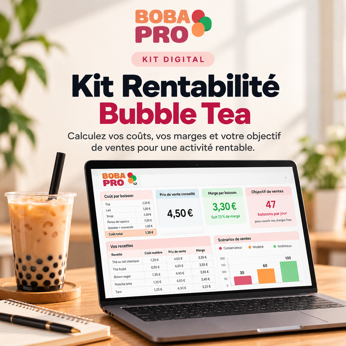 Kit Rentabilité Bubble Tea BobaPro — outils Excel et PDF
